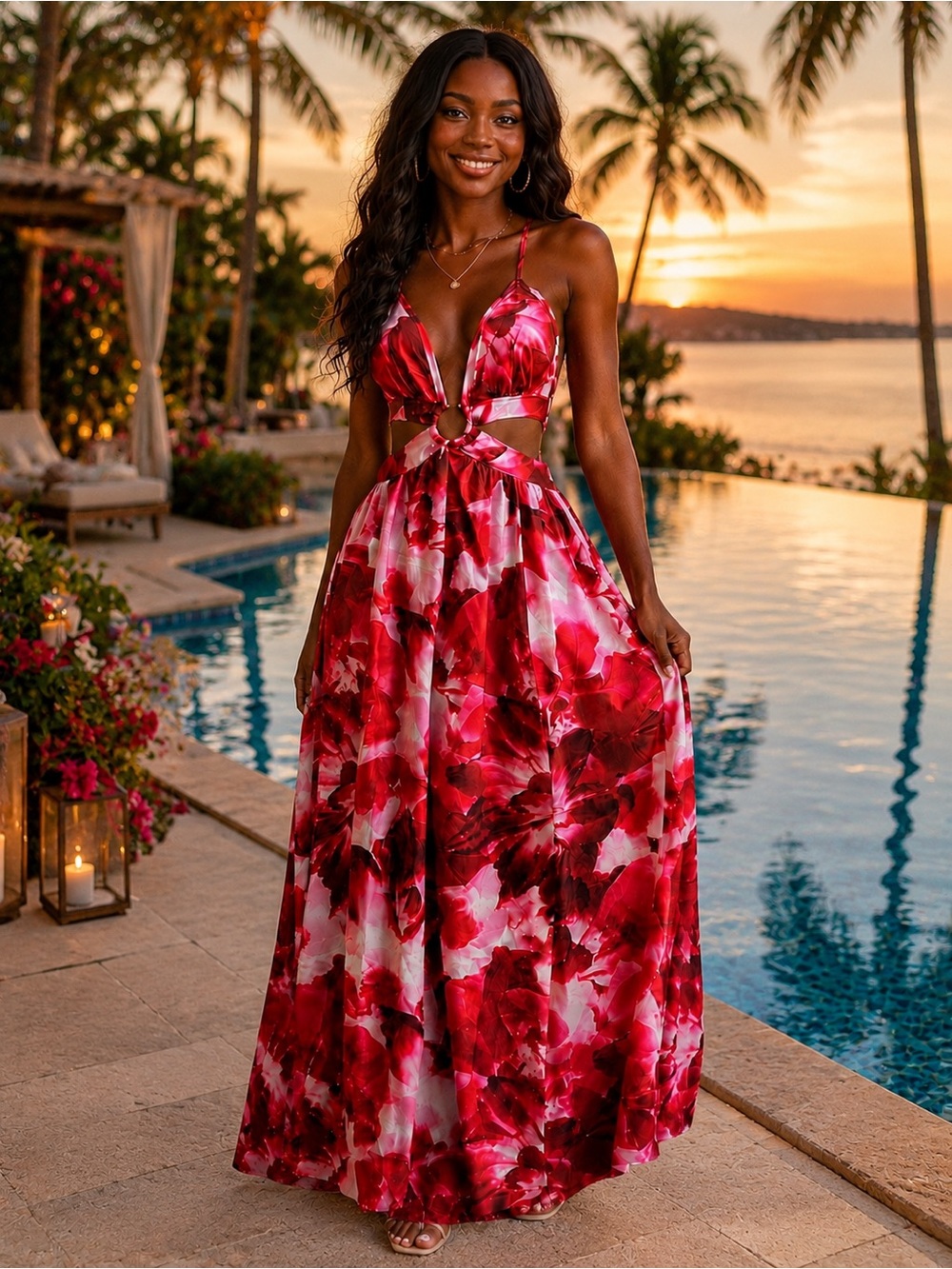 Pink Red Cut Out Maxi Dress